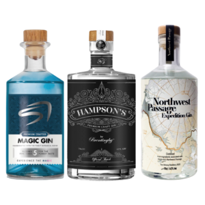 3 bottles of gin, one is a blue magic gin, a black label Hampsons gin and a map covered bottle