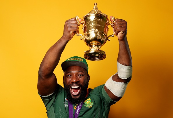 YOKOHAMA, JAPAN - NOVEMBER 02: Tendai Mtawarira of South Africa poses for a portrait with the Web Ellis Cup following his team's victory against England in the Rugby World Cup 2019 Final between England and South Africa at International Stadium Yokohama on November 02, 2019 in Yokohama, Kanagawa, Japan. (Photo by David Ramos - World Rugby/World Rugby via Getty Images)